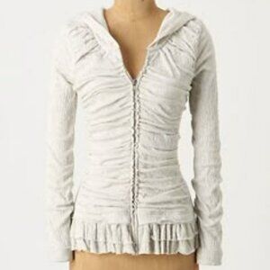 Pure + Good Ruffled Ruched Zip Hoodie in Light Grey/Oatmeal, Size Medium
